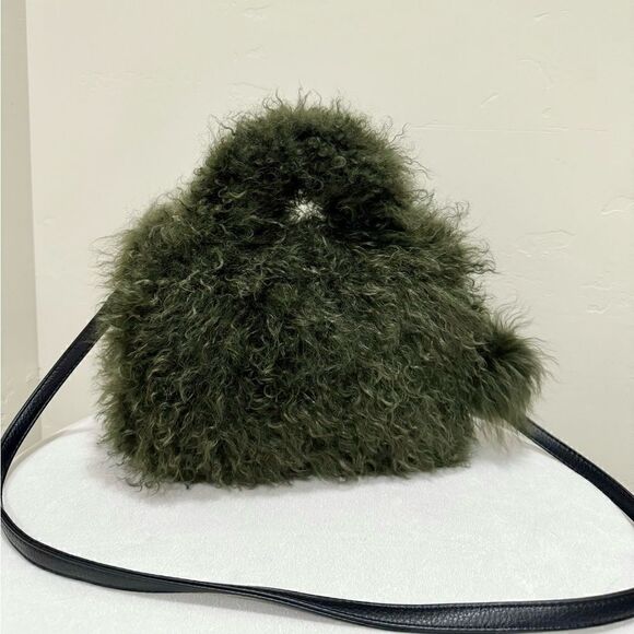 Olive Green Handmade Genuine Curly Shearling Top Handles Bag/Crossbody - Picture 1 of 16